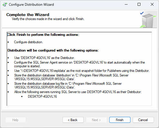 Finish the configuration in SQL Server Replication