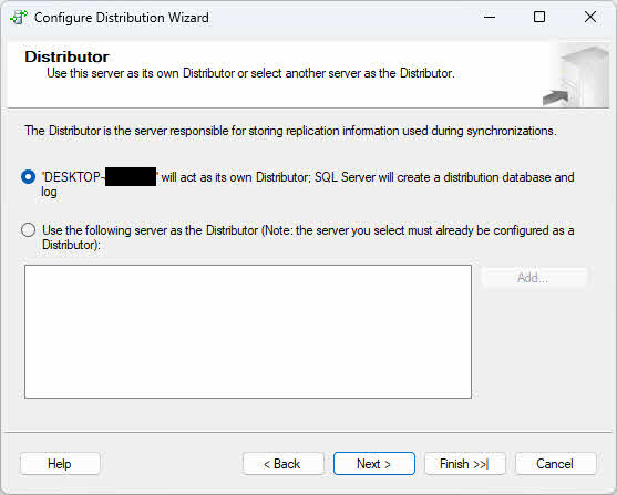 Configure the distributor in SQL Server Replication
