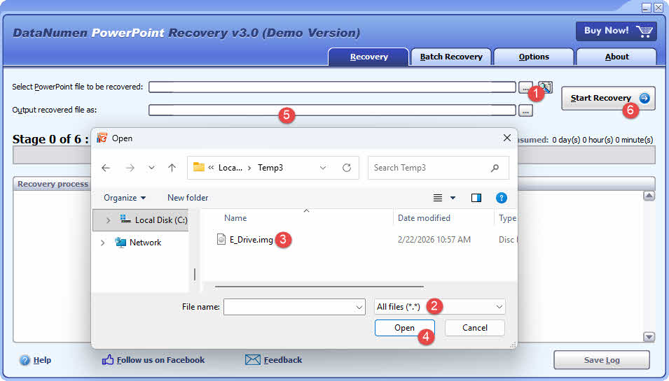 Use DataNumen PowerPoint Recovery to recover PowerPoint data from a disk image file
