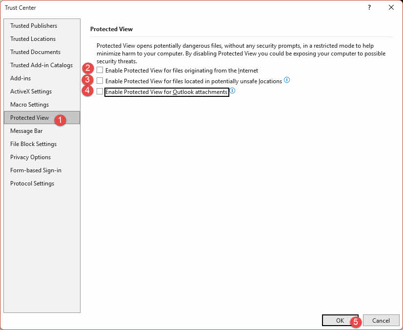 Disable the protected view in PowerPoint trust center.