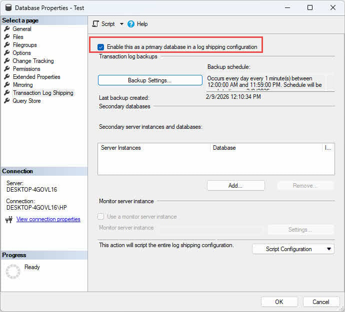 Enable the log shipping of the primary database