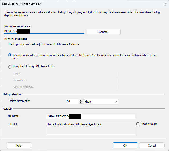 Configure the monitor settings in log shipping.