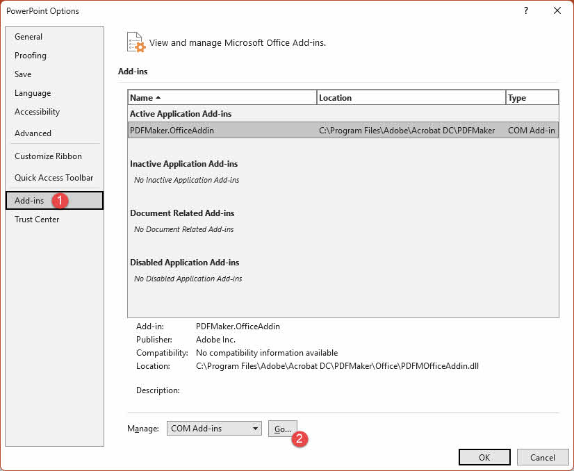 Manage add-ins in PowerPoint.