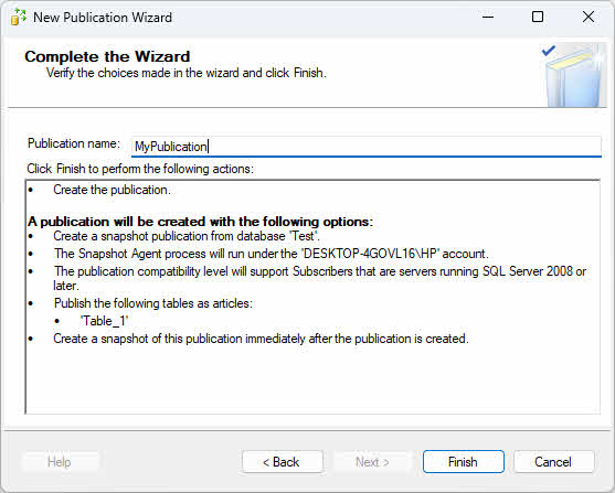 Create a new publication in SQL Server Replication