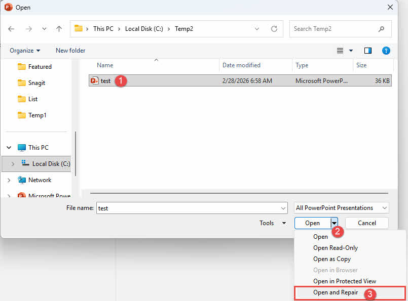 Use the PowerPoint built-in "Open and Repair" function to repair a corrupt PowerPoint file.