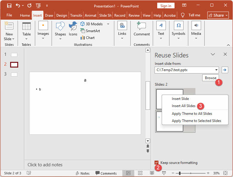 Insert the slides from the corrupt PowerPoint file to the blank presentation