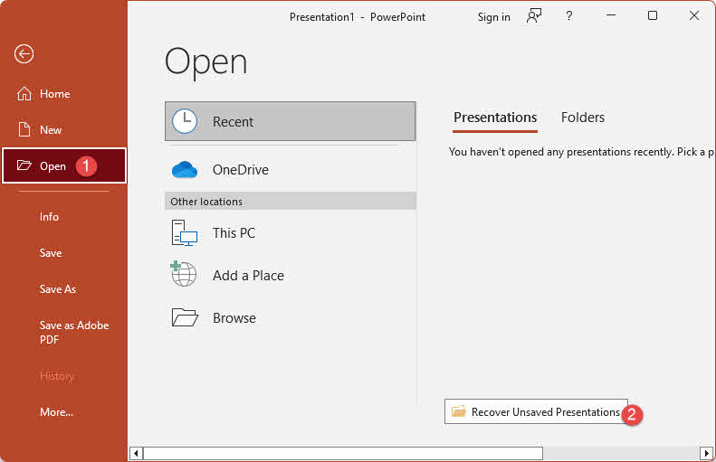 Recover unsaved presentations in PowerPoint.