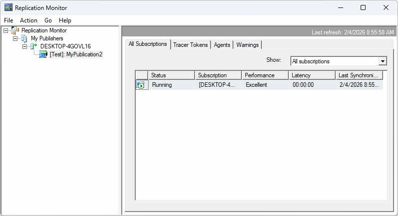 Use the Replication Monitor to monitor the SQL Server Replication.