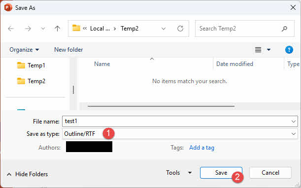 Save the PowerPoint presentation as a RTF file