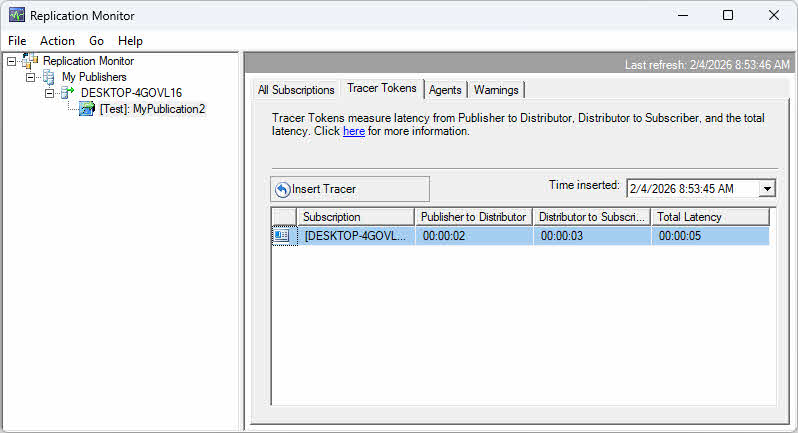 Insert tracer token to get more precise latency measurements of SQL Server Replication