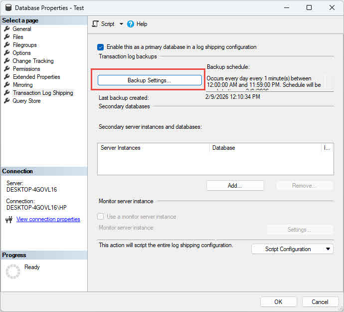 Click the "Backup Settings" button in the transaction log shipping page.