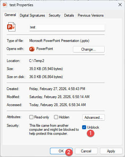 Unblock a PowerPoint file with file properties
