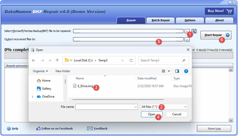 Use DataNumen BKF Repair to recover BKF data from a disk image file