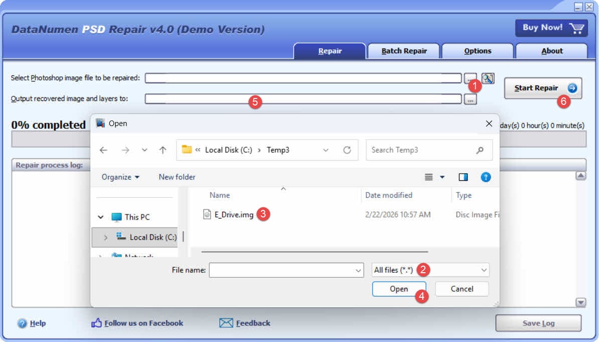 Use DataNumen PSD Repair to recover the PSD data from the disk file or backup file.