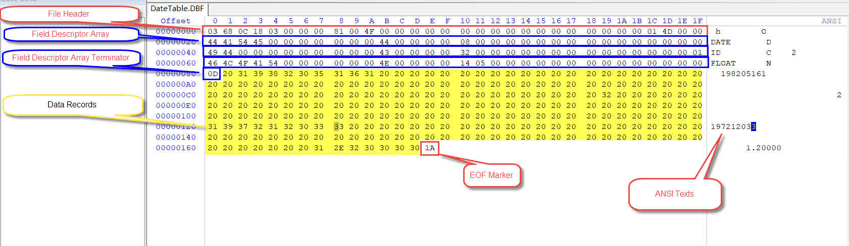 Use a hex editor to open, analyze and repair the binary data in the corrupt DBF file.