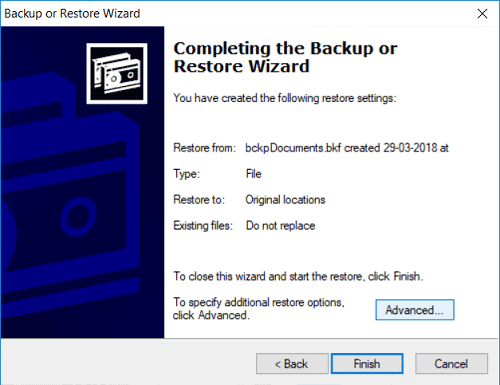 Click the "Advanced" button to specify the restore location in NTBackup Back or Restore Wizard.