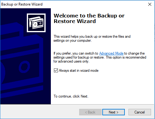 Welcome page of the Back or Restore Wizard in NTBackup