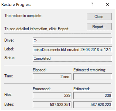 The restore progress of the NTBackup.