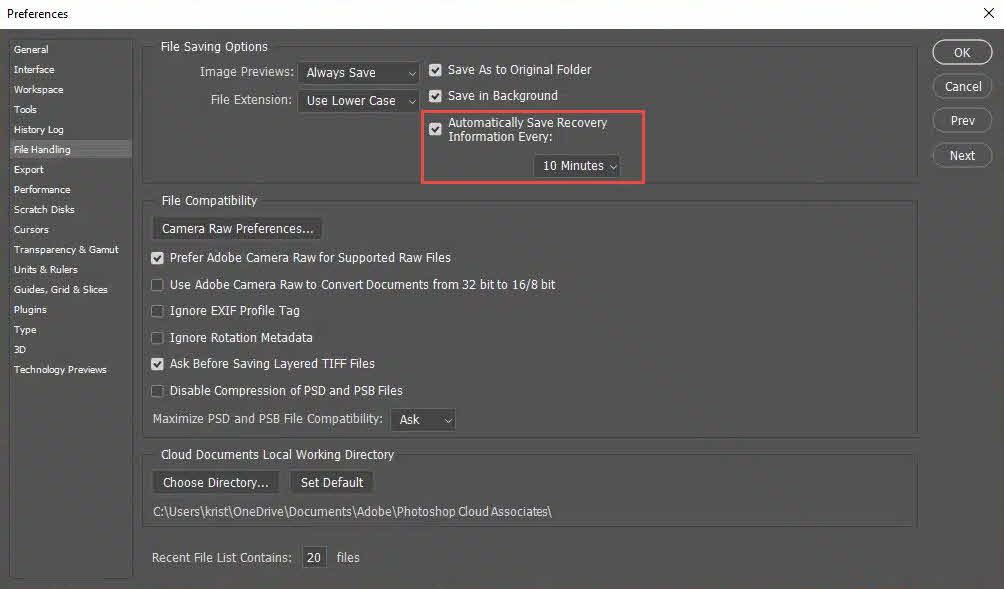 Verify the auto-save recovery information option in Photoshop preferences to recover PSD file from auto-save files.