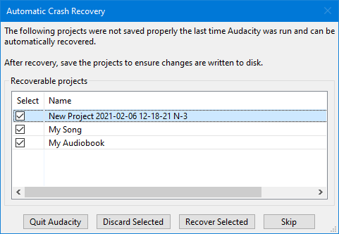 Recupere um arquivo WAV através da caixa de diálogo Recuperação Automática de Falhas no Audacity.