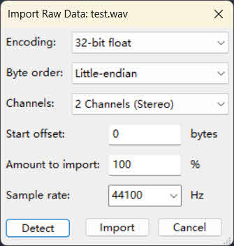 Repare o arquivo WAV importando-o como Dados Brutos no Audacity.