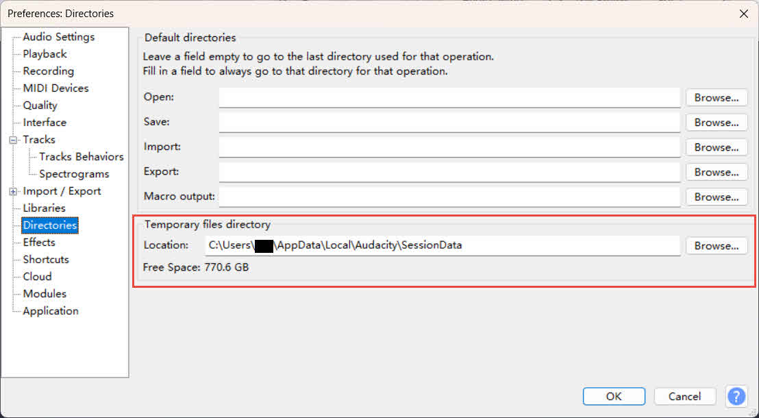 Pegue o ritmorardiretório de arquivos y nas preferências do Audacity.