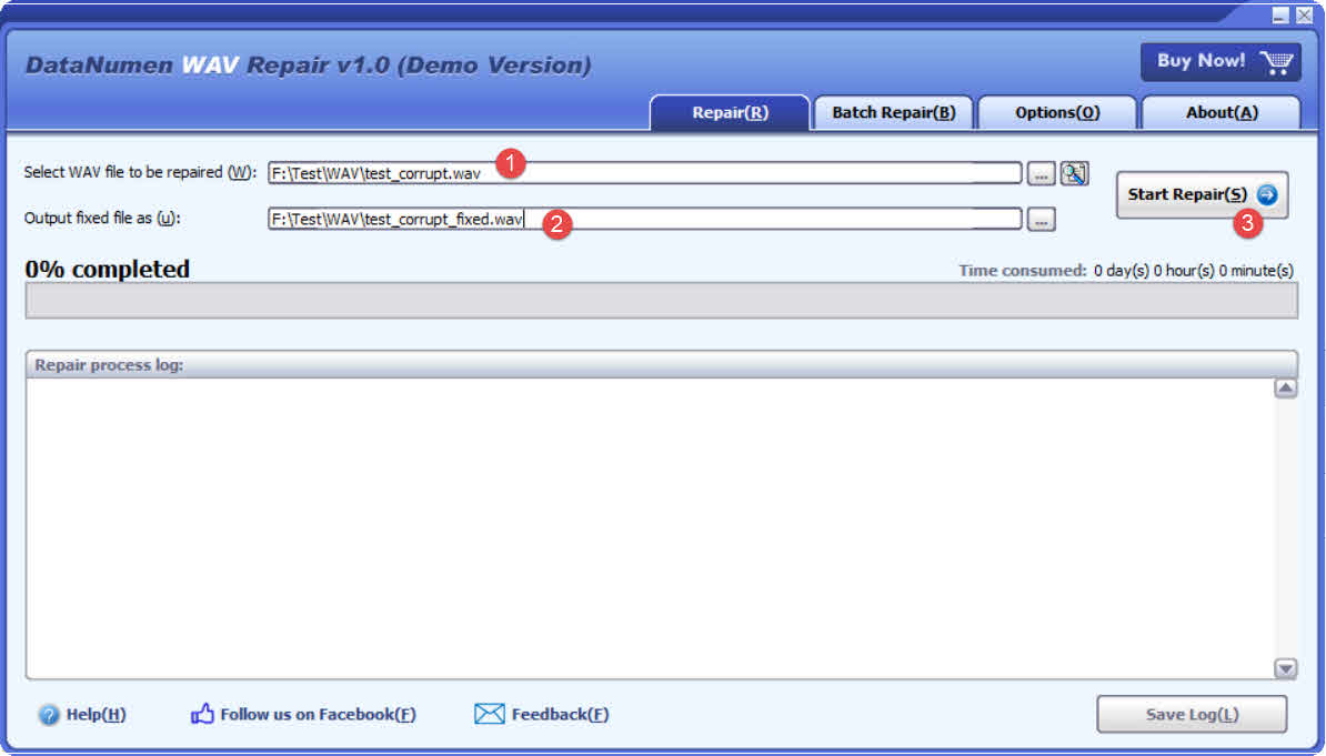 Uso DataNumen Reparador de WAV para corrigir arquivos WAV corrompidos.