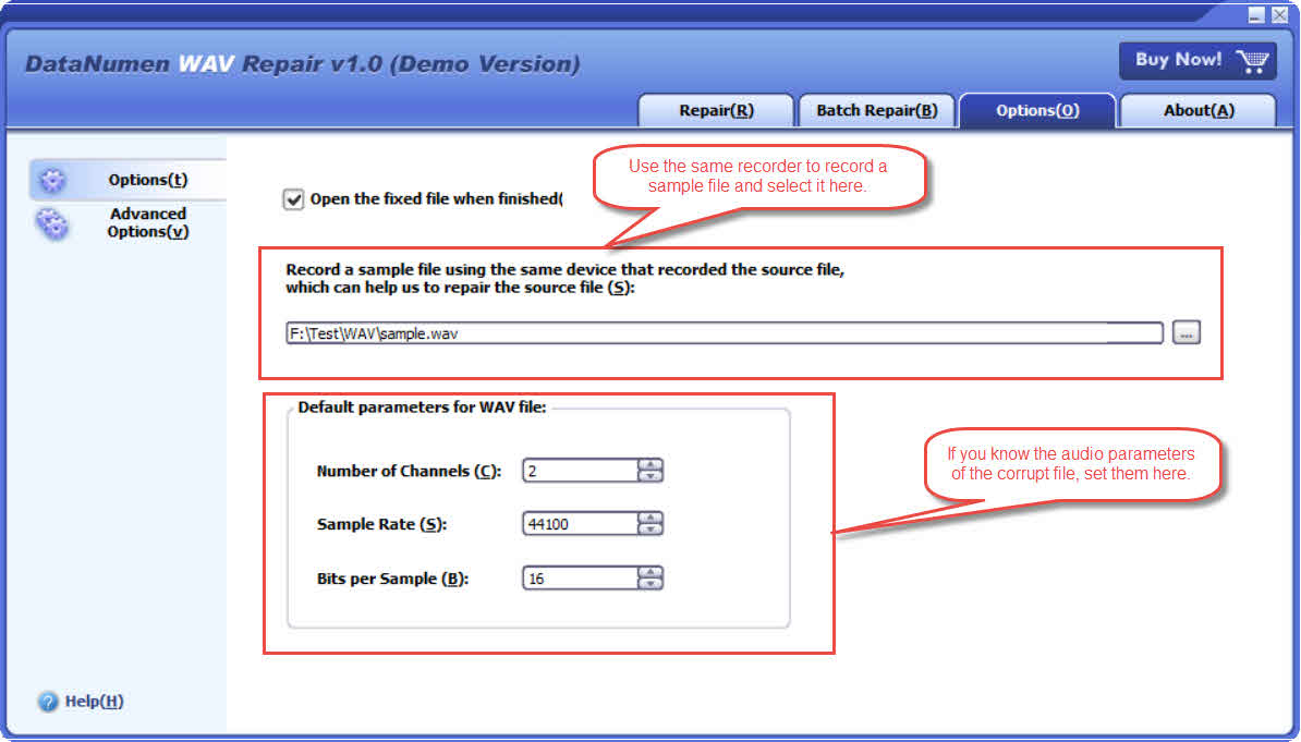 Defina o arquivo de amostra ou os parâmetros de áudio padrão em DataNumen Página de opções do WAV Repair.