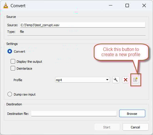 A caixa de diálogo Converter no VLC Media Player.