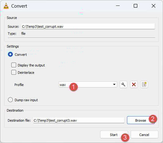 Converta o arquivo WAV atual para um novo arquivo WAV no VLC Media Player.
