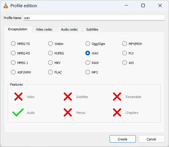 Crie um novo perfil WAV no VLC Media Player.