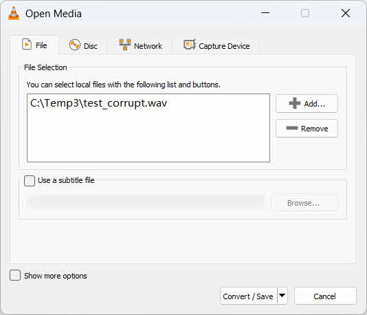 A caixa de diálogo Abrir mídia no VLC Media Player.