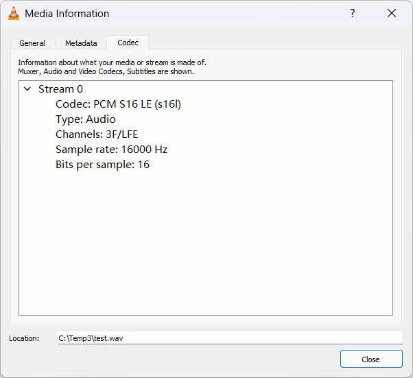 Obtenha os parâmetros de áudio de um arquivo WAV no VLC Media Player.