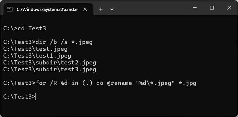 Bulk change all file extensions in the current folder and all subfolders recursively in Windows command line.