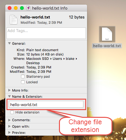 Change file extension in Get Info Panel in Mac.