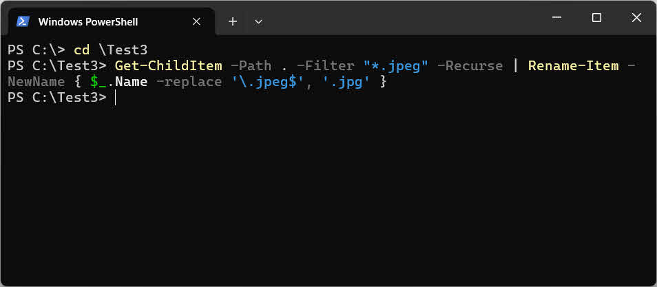 Bulk change all file extensions in the current folder and all subfolders recursively in Windows Powershell.