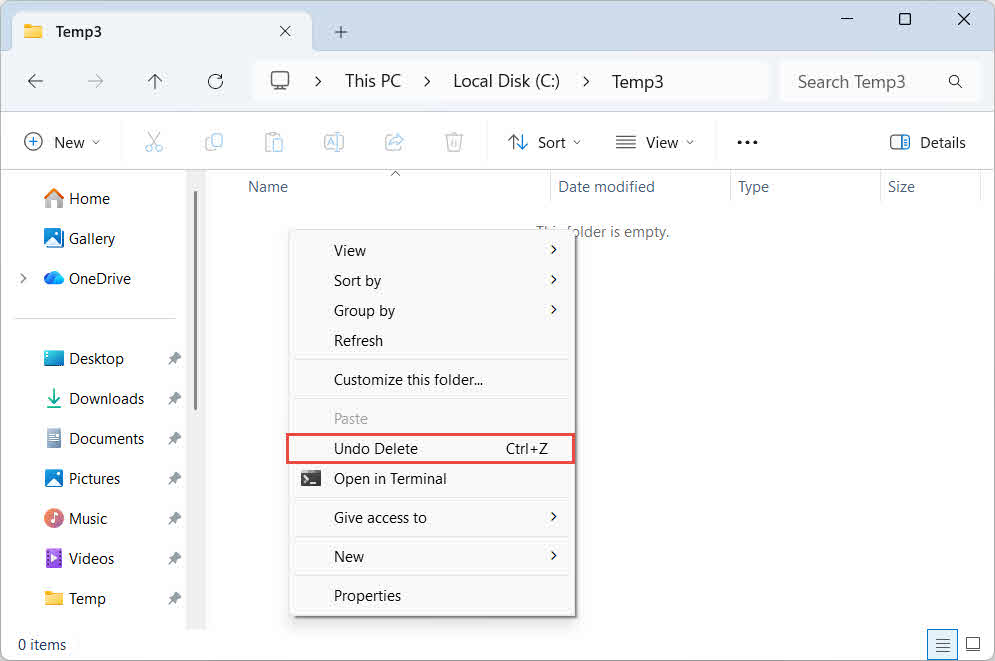 File Explorer ရှိ Undo Delete လုပ်ဆောင်ချက်မှတစ်ဆင့် ဖျက်လိုက်သော Excel ဖိုင်များကို ပြန်လည်ရယူပါ။