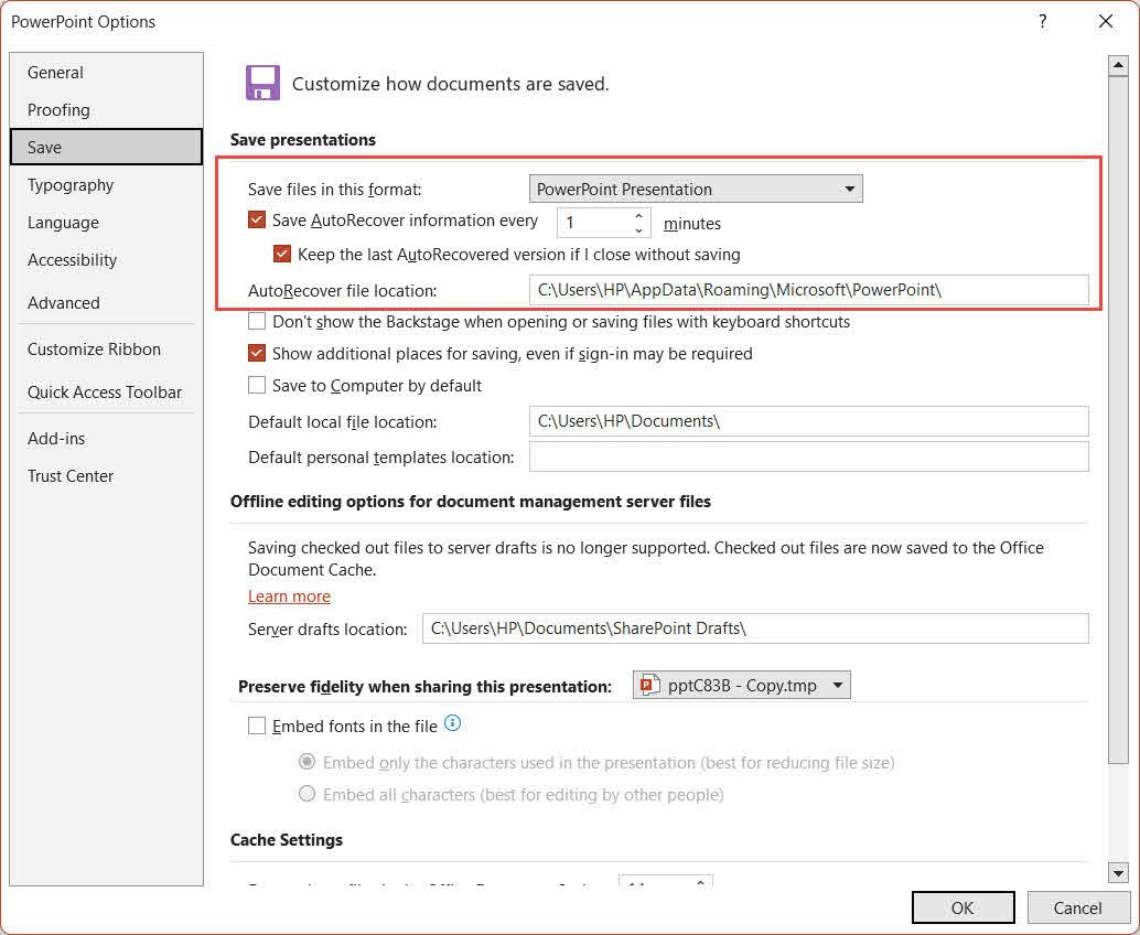 The AutoRecover options in PowerPoint.