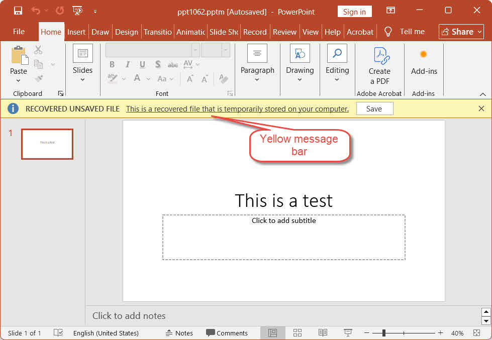 Recover unsaved PowerPoint File with the yellow message bar shown when PowerPoint restarts after a crash or unexpected closure.