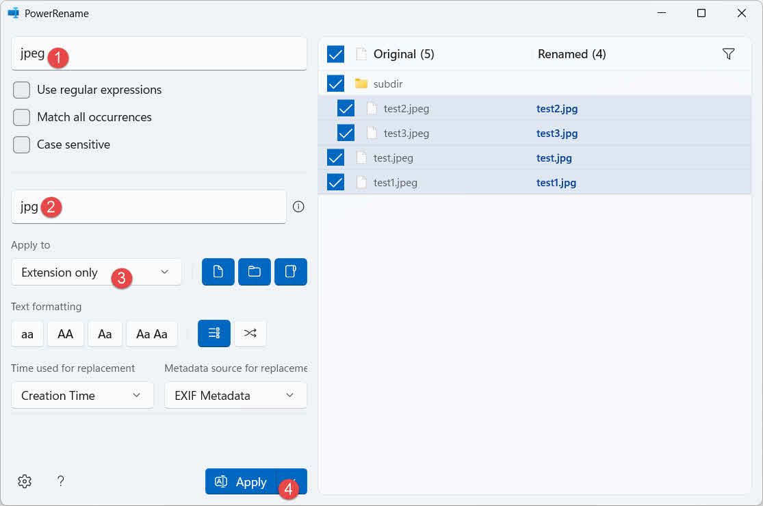 Rename file extensions in PowerRename window.