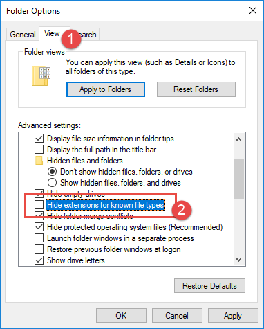 In Windows 10, unhide file extensions for known file types in folder options.
