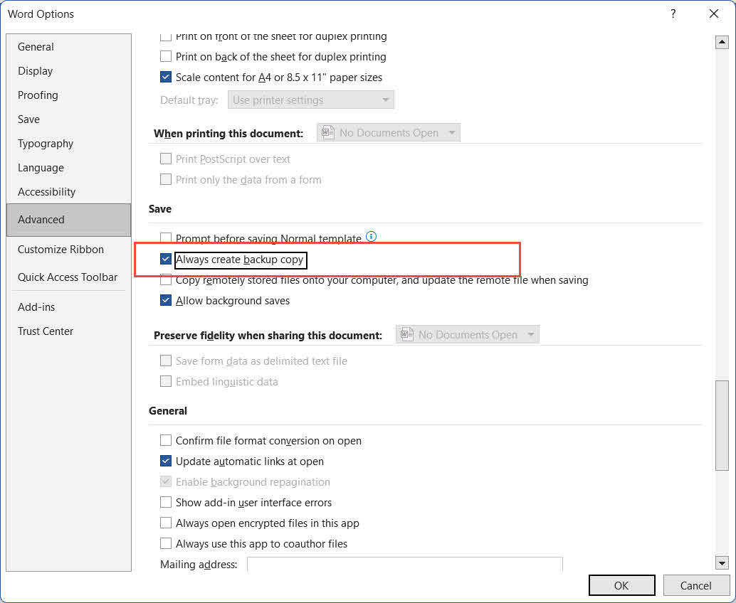 The "Always create backup copy" option in Word.