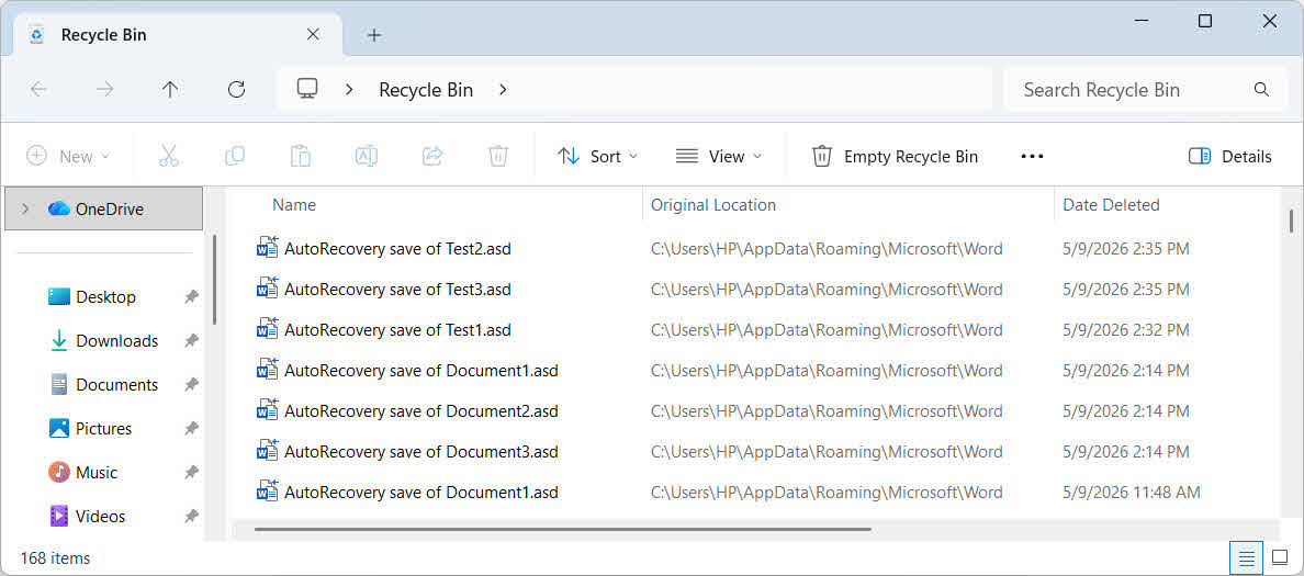 Word AutoRecover files in Windows Recycle Bin
