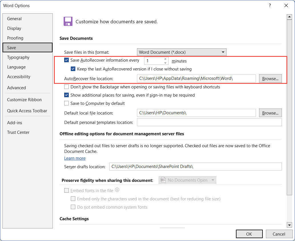 The AutoRecover options in Word.