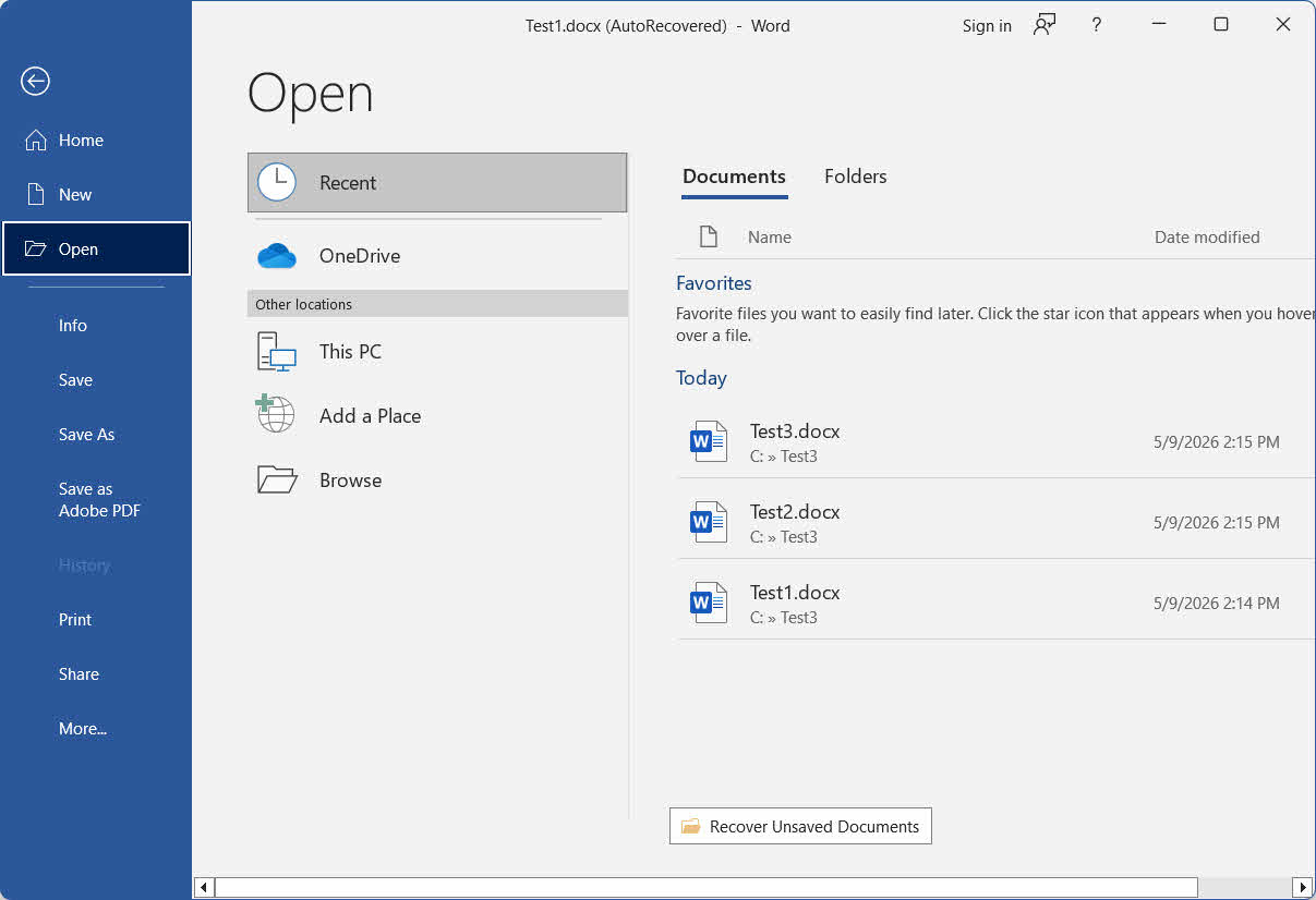 Recover unsaved Word document with File -> Open -> Recent in Word.