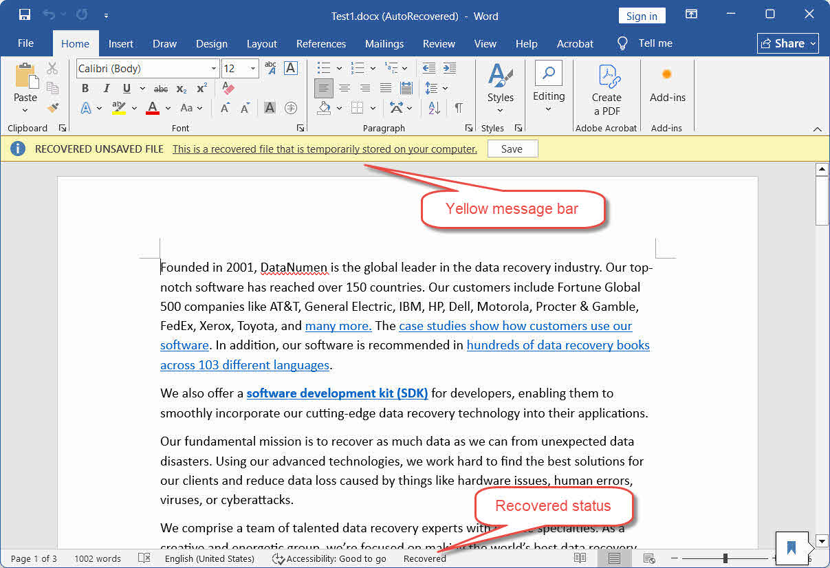 Recover unsaved Word document with the yellow message bar shown when Word restarts after a crash.