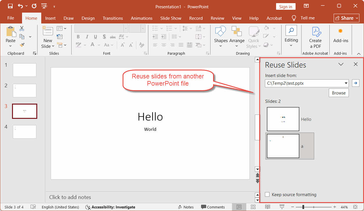 Başka bir slayttan slayt eklemek için "Slaytları Yeniden Kullan" özelliğini kullanın. PowerPoint sunum.