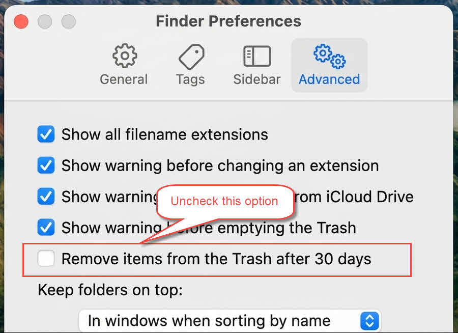 Uncheck the "Remove items from the Trash after 30 days" option in Finder's setting.