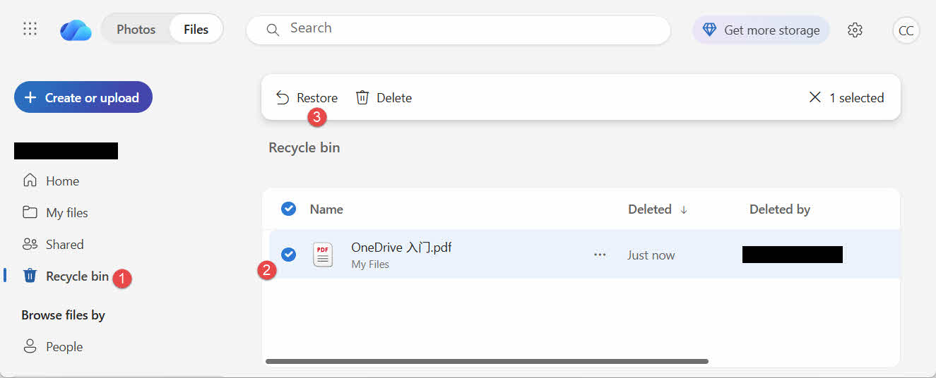 Restore deleted files from OneDrive Recycle Bin.
