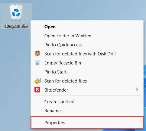 Open the Recycle Bin properties dialog